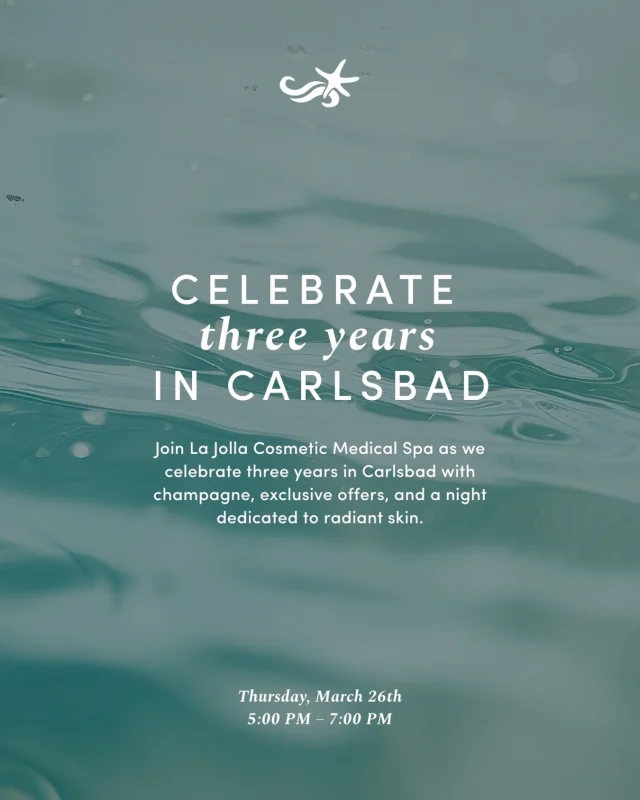 We’re celebrating three years in Carlsbad, and you’re invited! ✨🍾

Join us for an evening of beauty, bubbles, and exclusive one-day-only offers as we celebrate with our amazing community.

Enjoy cocktails, luxe gift bags for the first 20 guests, raffles, and special treatment promotions you won’t want to miss.

📍 La Jolla Cosmetic Medical Spa – Carlsbad 📅 Thursday, March 26 ⏰ 5:00 PM – 7:00 PM

Space is limited, so be sure to RSVP to secure your spot at the link in bio!