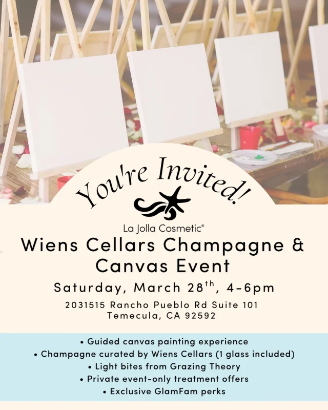 A little champagne, a little creativity, and a lot of good energy ✨
Join us Saturday, March 28th from 4–6pm, at La Jolla Cosmetic in Temecula. Enjoy a special event hosted by La Jolla Cosmetic and Wiens Cellars, for an afternoon of painting, sipping, and a few special surprises. 🎨 

Link in bio and story to RSVP!