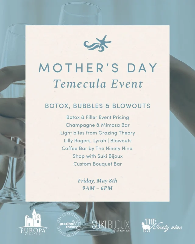 Botox, bubbles, and blowouts… say less 🥂
�Join us for our Mother’s Day event on May 8th at our Temecula location for exclusive event pricing on Botox, filler, and microneedling, plus champagne and a little glam✨

📍 31515 Rancho Pueblo Rd Suite 101, Temecula, CA 92592
⏰ 9am–6pm